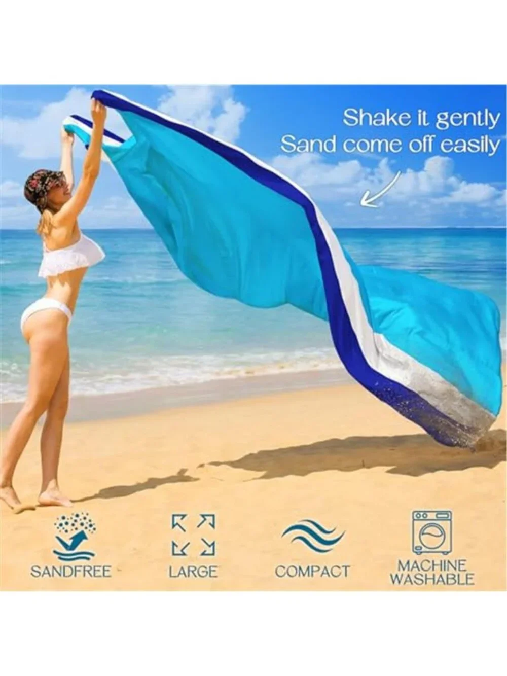 Oversized Beach Blanket Sandproof Waterproof Picnic Camping Mat White Blue